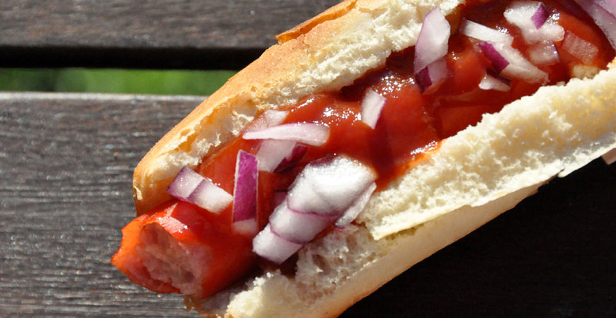 hot dog with onion and ketchup