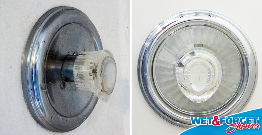 clean shower fixtures with wet forget