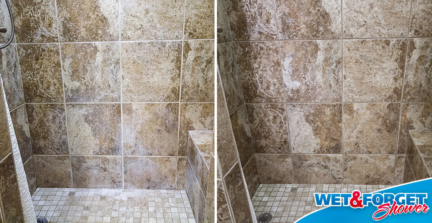 clean travertine shower floor and walls