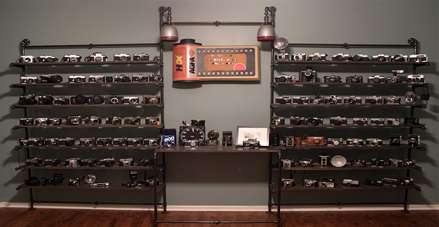 Pipe Shelves Completed adorned with Cameras